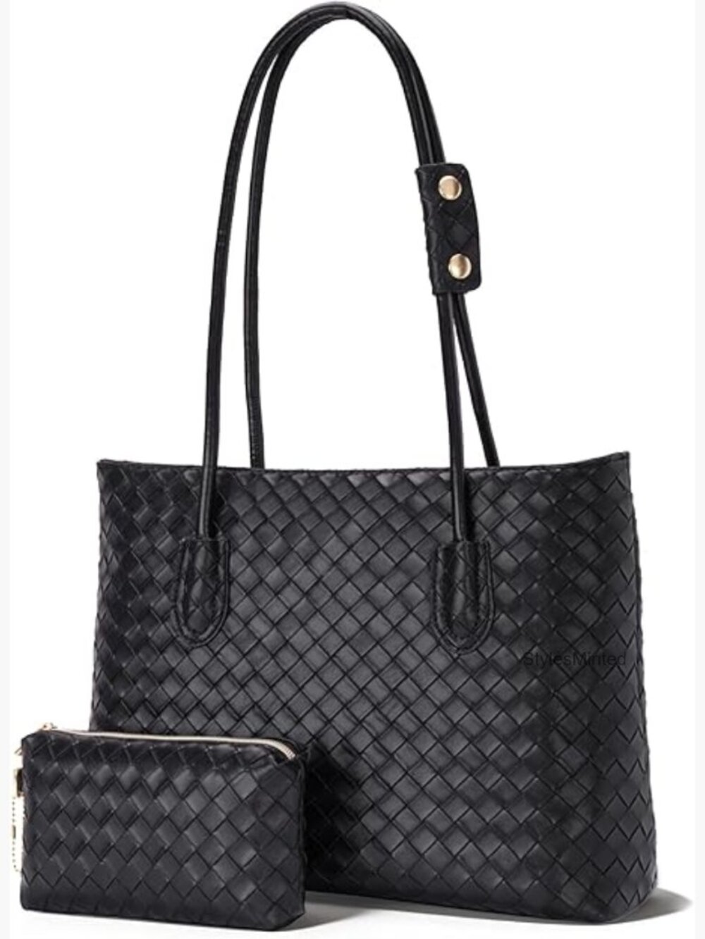 Woven Vegan Leather Tote Bag with Pouch Large Capacity Work Travel Handbag